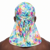 Color Bomb multicolor Tye Dye Satin Silky Durag worn by male model, back view showing tied wrap and tail