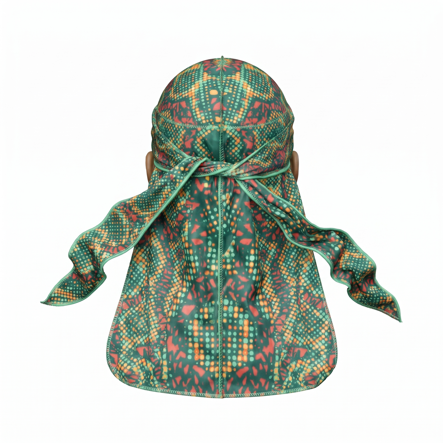 Digital Chameleon Prey pixel camo Satin Silky Durag - premium silky durag back view showing wrap straps, tail and stitching