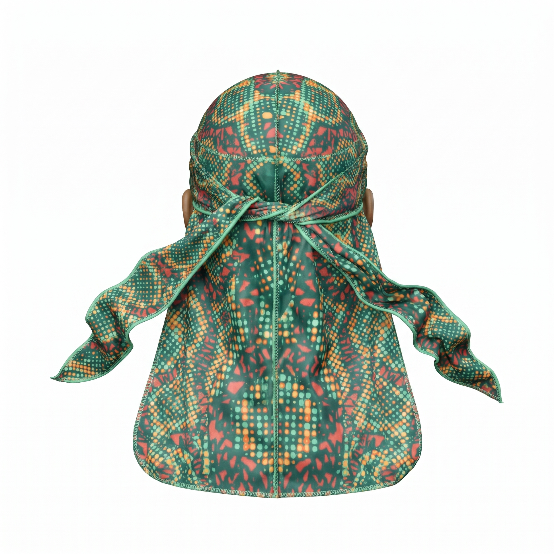 Digital Chameleon Prey pixel camo Satin Silky Durag - premium silky durag back view showing wrap straps, tail and stitching