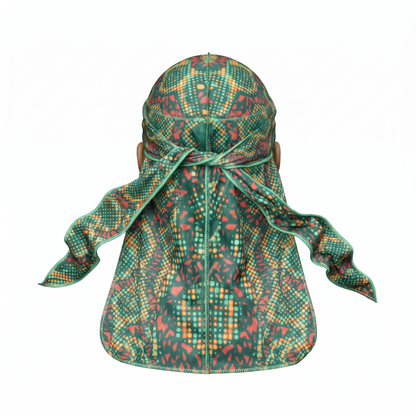 Digital Chameleon Prey pixel camo Satin Silky Durag - premium silky durag back view showing wrap straps, tail and stitching