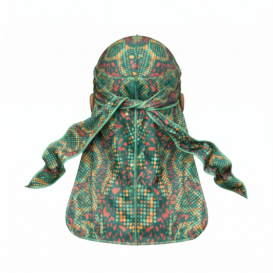 Digital Chameleon Prey pixel camo Satin Silky Durag - premium silky durag back view showing wrap straps, tail and stitching