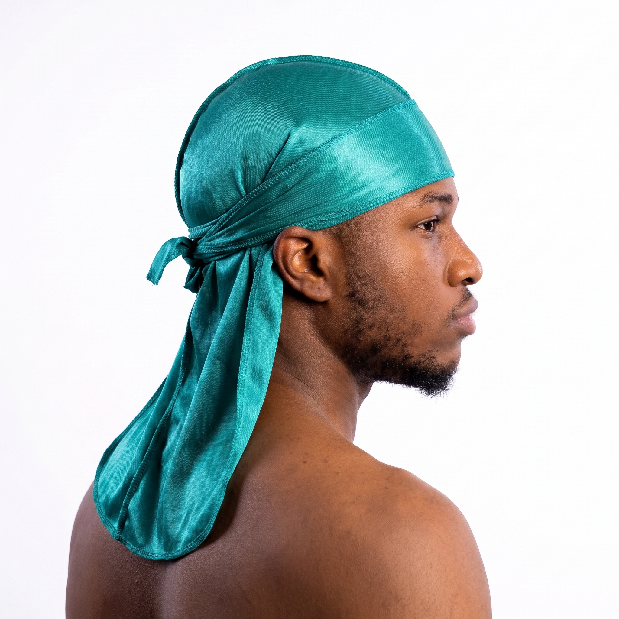 Premium Jade Green Silk Durag worn by male model, side profile showing fit and tail drape