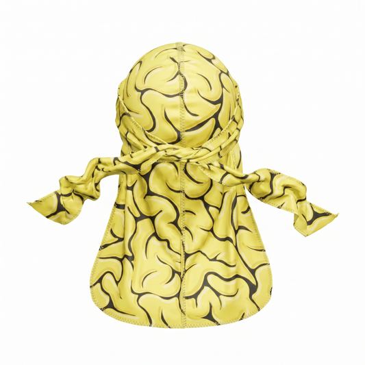 Yellow Brains graphic Satin Silky Durag - premium silky durag back view showing wrap straps, tail and stitching