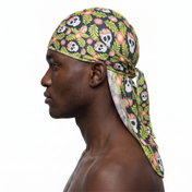 Cinco De Mayo Green festive Satin Silky Durag worn by male model, side profile showing fit and tail drape