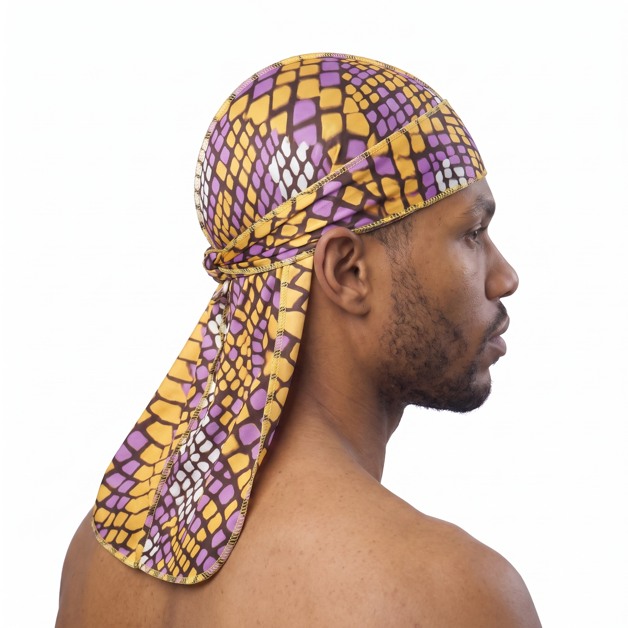 Yellow and Purple Mamba reptile snakeskin Satin Silky Durag worn by male model, side profile showing fit and tail drape