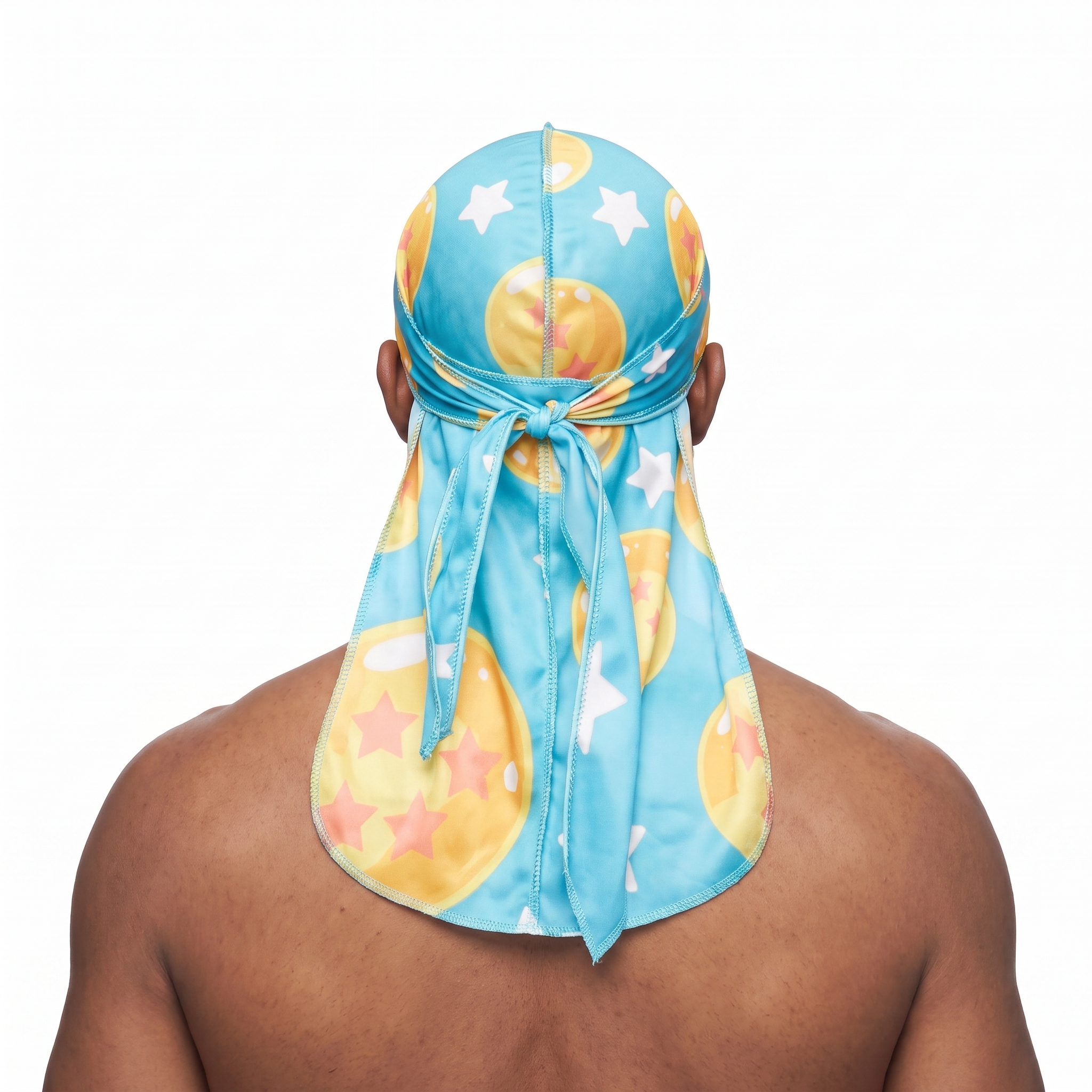 Dragon Ball Z Turquoise Satin Silky Durag worn by male model, back view showing tied wrap and tail