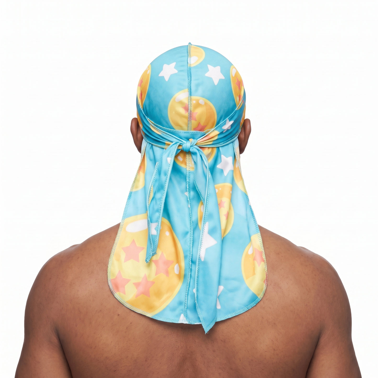 Dragon Ball Z Turquoise Satin Silky Durag worn by male model, back view showing tied wrap and tail