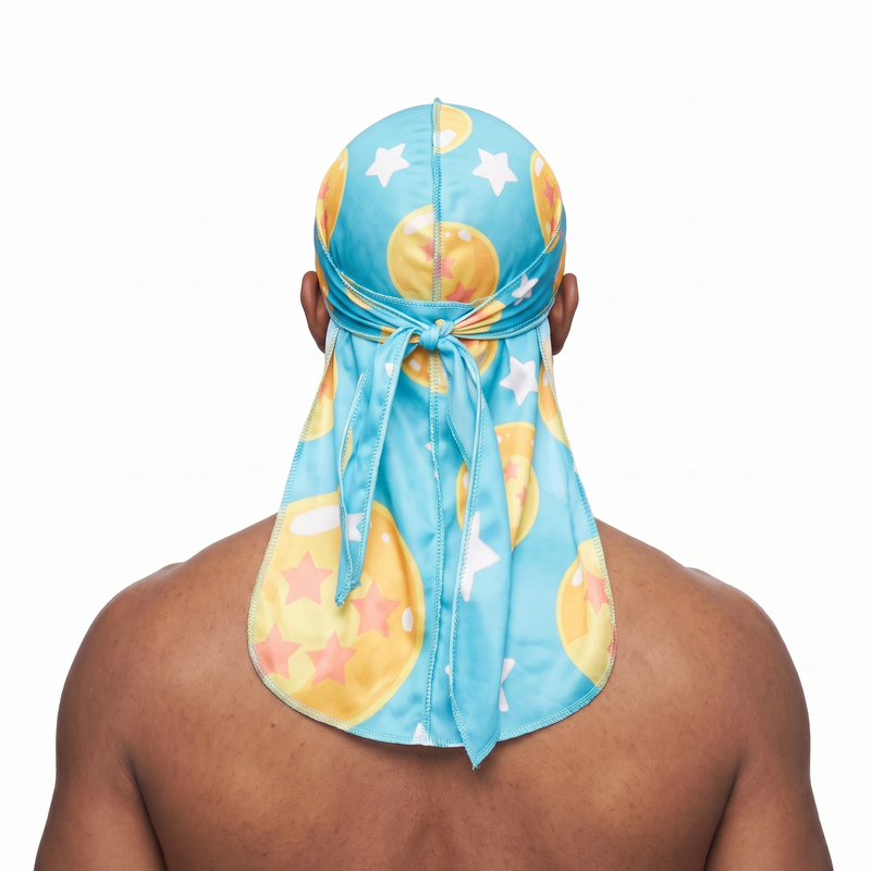 Dragon Ball Z Turquoise Satin Silky Durag worn by male model, back view showing tied wrap and tail
