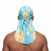 Dragon Ball Z Turquoise Satin Silky Durag worn by male model, back view showing tied wrap and tail