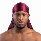 Premium Black Cherry Silk Durag worn by male model, front view on white background