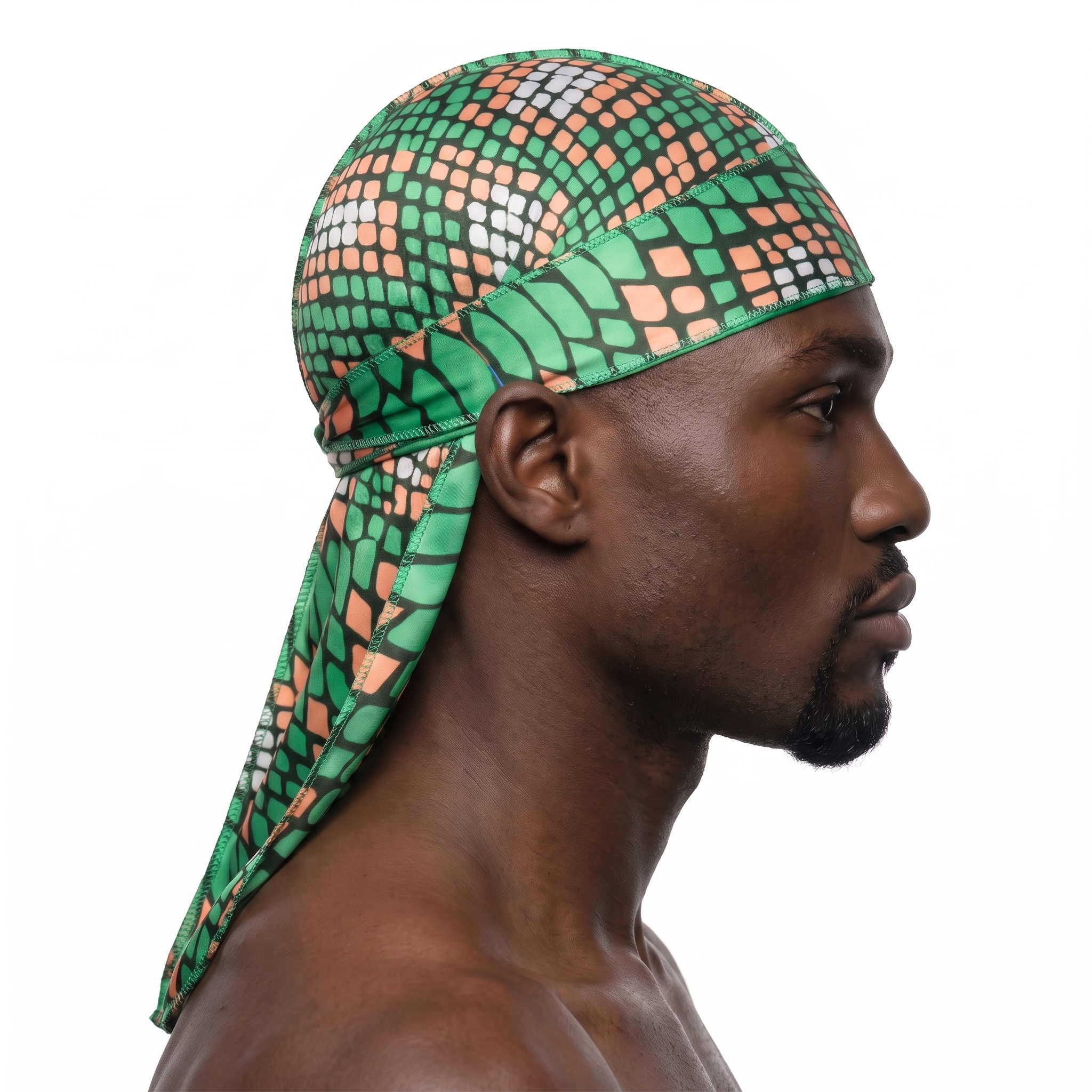 Green and Orange Famu reptile snakeskin Satin Silky Durag worn by male model, side profile showing fit and tail drape