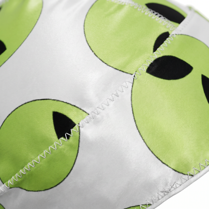 Alien White graphic Satin Silky Durag fabric close-up showing Alien White graphic print and stitching detail