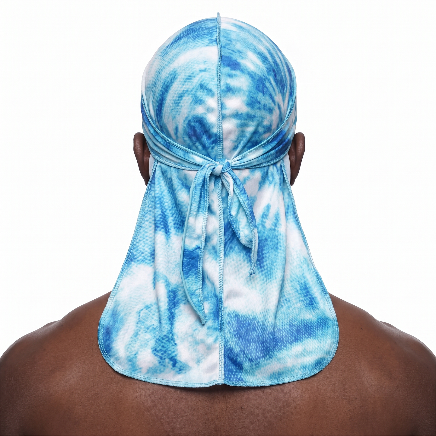 Hurricane swirl graphic Satin Silky Durag worn by male model, back view showing tied wrap and tail