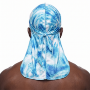 Hurricane swirl graphic Satin Silky Durag worn by male model, back view showing tied wrap and tail