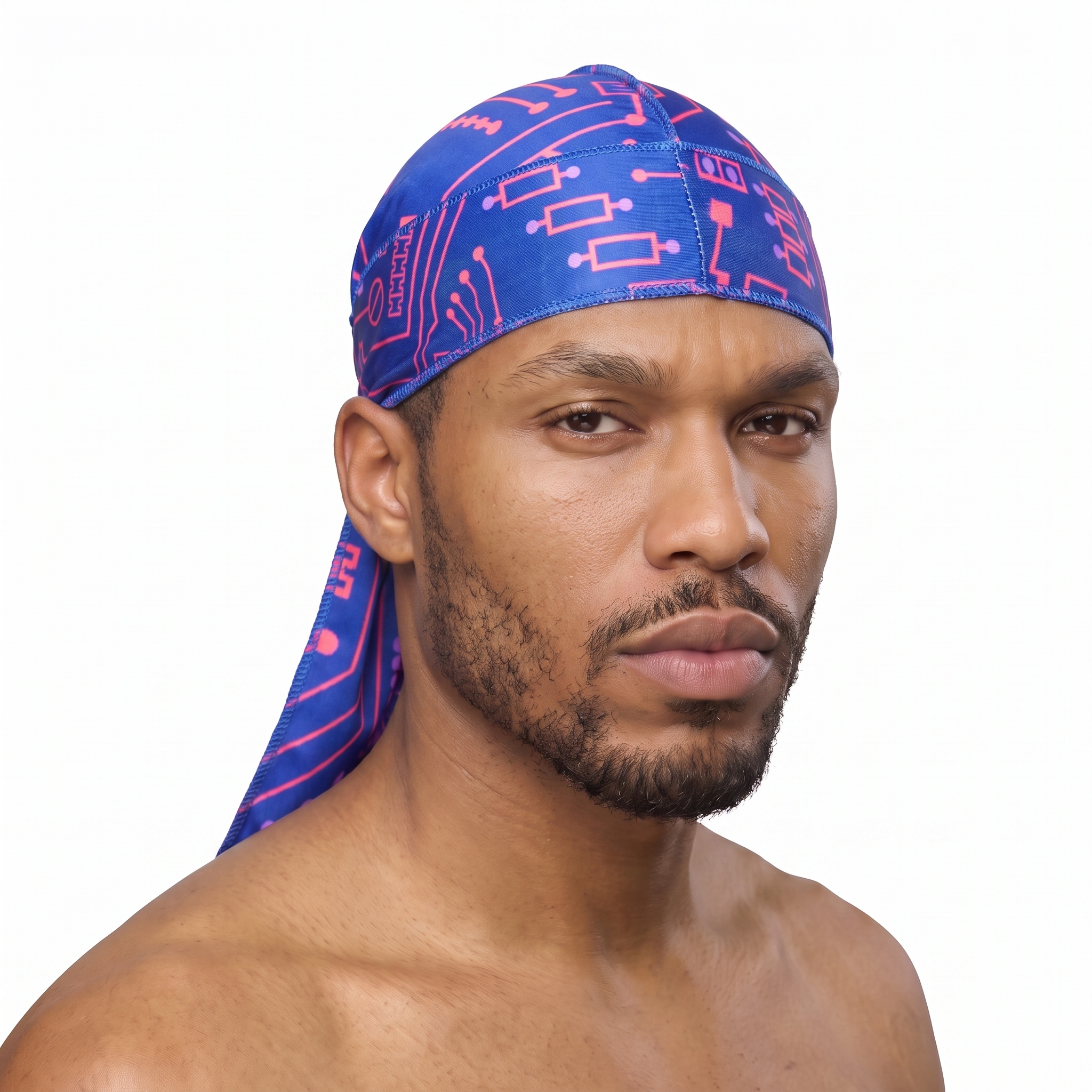 Digital Blue and Red pixel Satin Silky Durag worn by male model, front view on white background