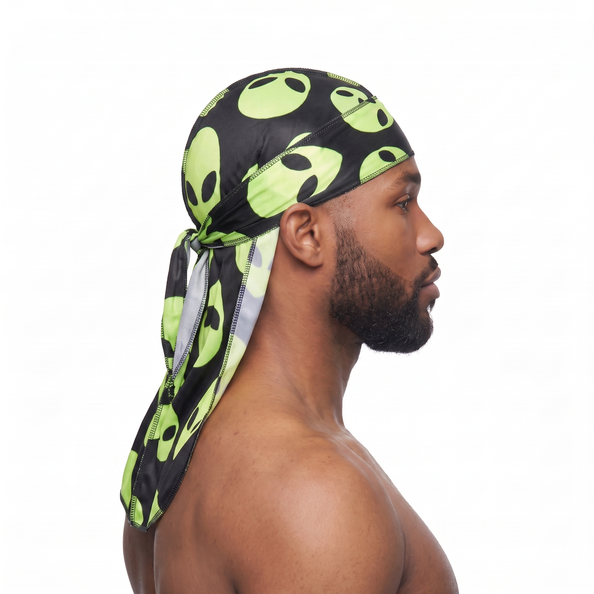 Alien Black graphic Satin Silky Durag worn by male model, side profile showing fit and tail drape