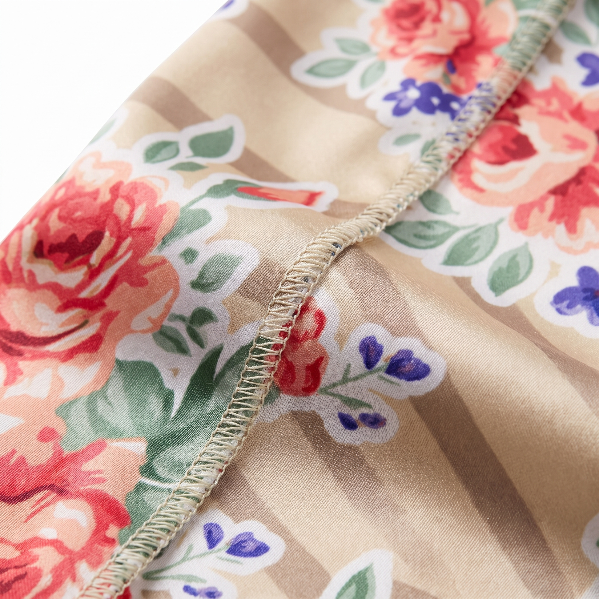 Khaki retro roses floral Satin Silky Durag fabric close-up showing Khaki retro roses floral print and stitching detail