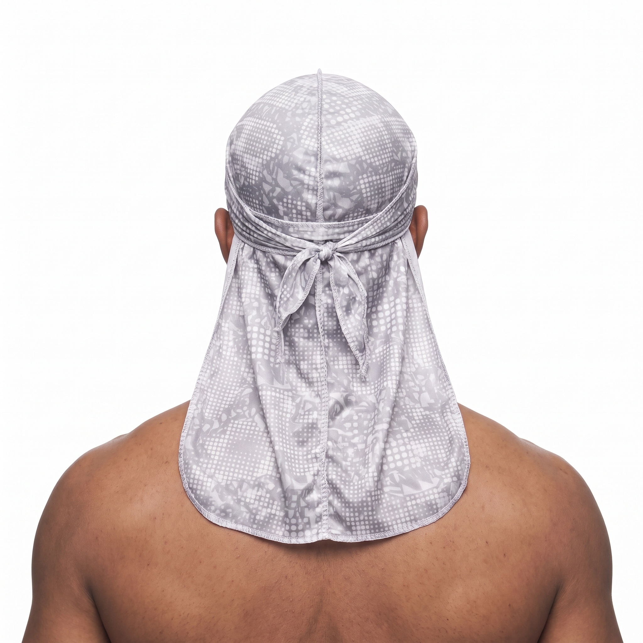 Digital Chameleon Ash pixel camo Satin Silky Durag worn by male model, back view showing tied wrap and tail