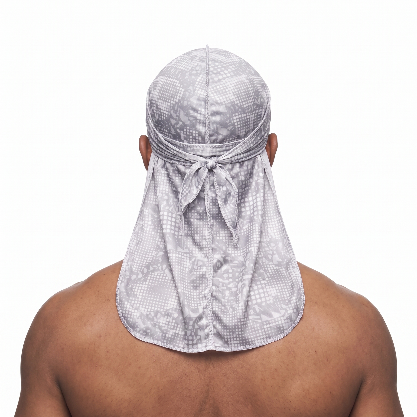 Digital Chameleon Ash pixel camo Satin Silky Durag worn by male model, back view showing tied wrap and tail