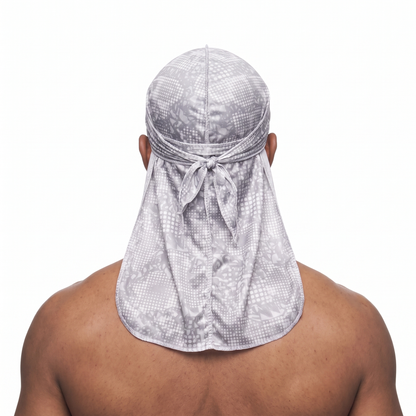Digital Chameleon Ash pixel camo Satin Silky Durag worn by male model, back view showing tied wrap and tail