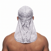 Digital Chameleon Ash pixel camo Satin Silky Durag worn by male model, back view showing tied wrap and tail