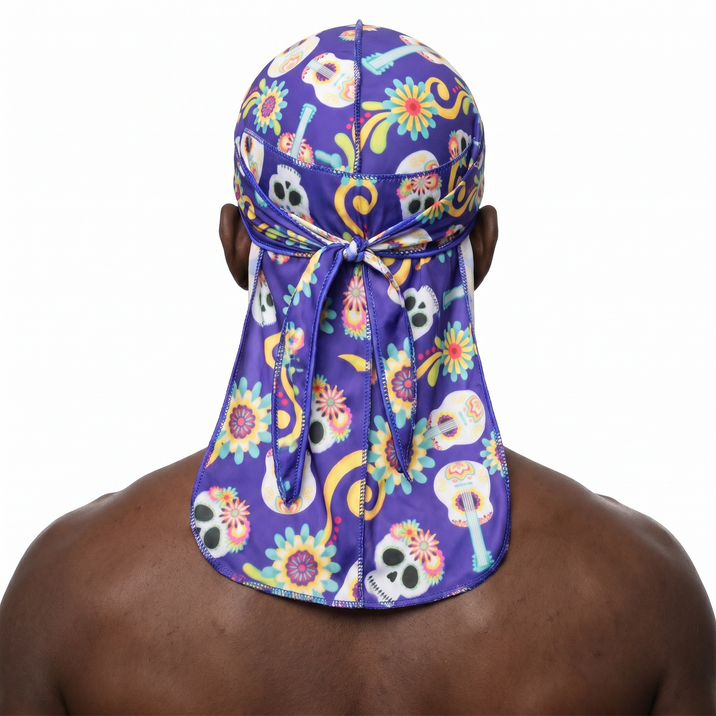 Cinco De Mayo Indigo festive Satin Silky Durag worn by male model, back view showing tied wrap and tail