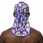 Cinco De Mayo Indigo festive Satin Silky Durag worn by male model, back view showing tied wrap and tail