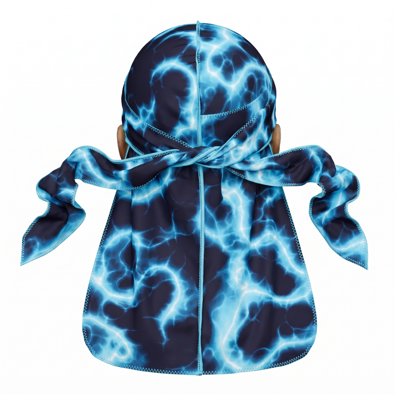 Voltage Blue lightning Satin Silky Durag - premium silky durag back view showing wrap straps, tail and stitching