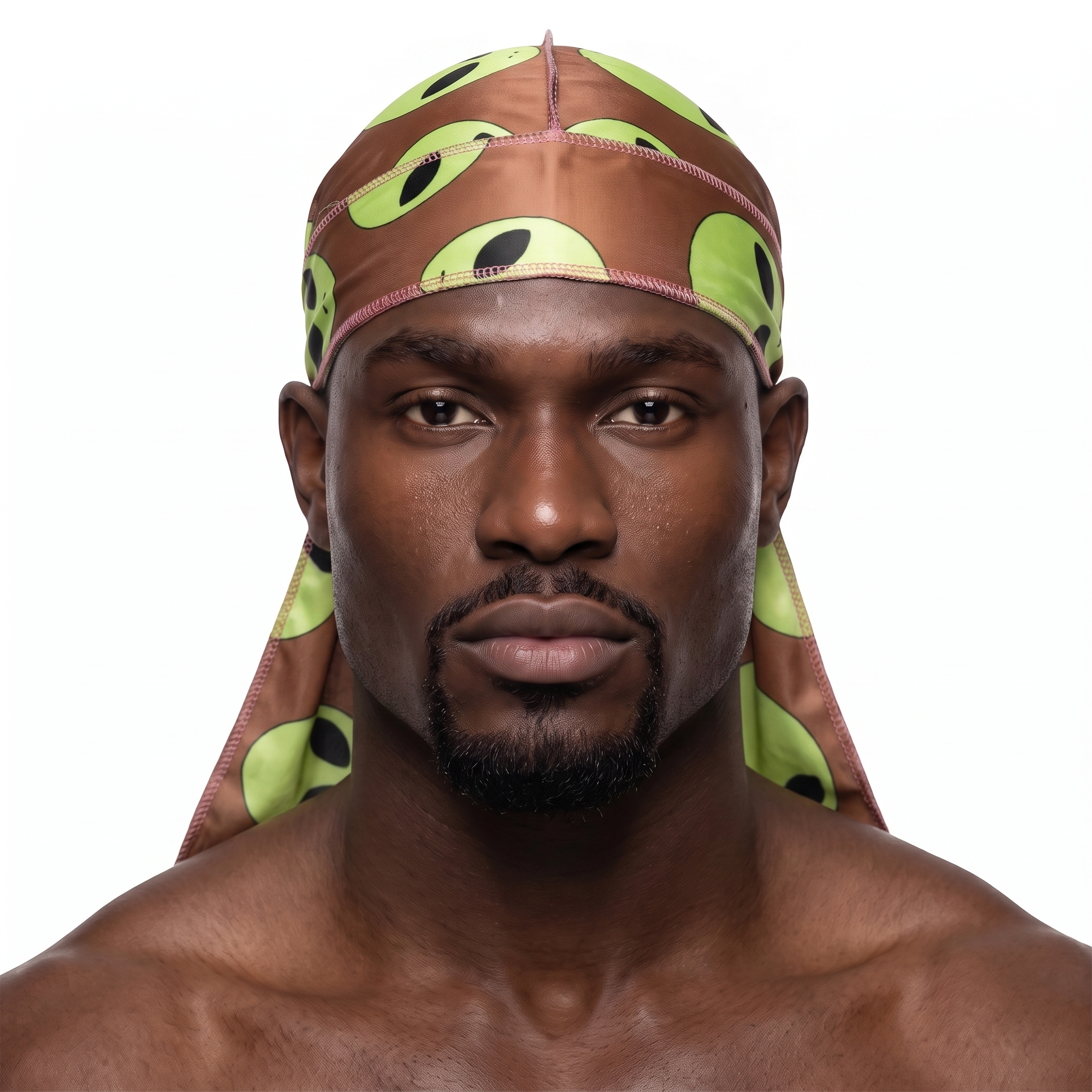 Alien Brown graphic Satin Silky Durag worn by male model, front view on white background
