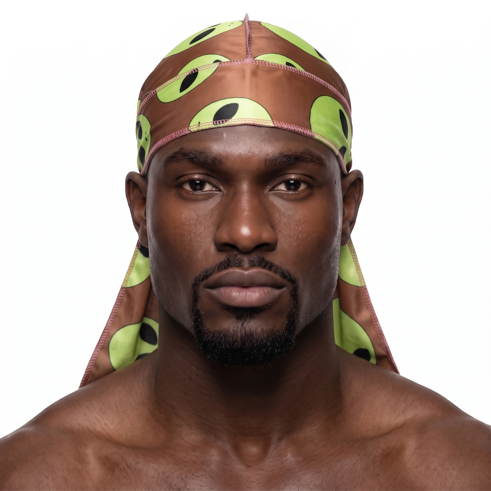 Alien Brown graphic Satin Silky Durag worn by male model, front view on white background