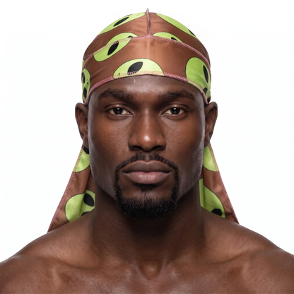 Alien Brown graphic Satin Silky Durag worn by male model, front view on white background