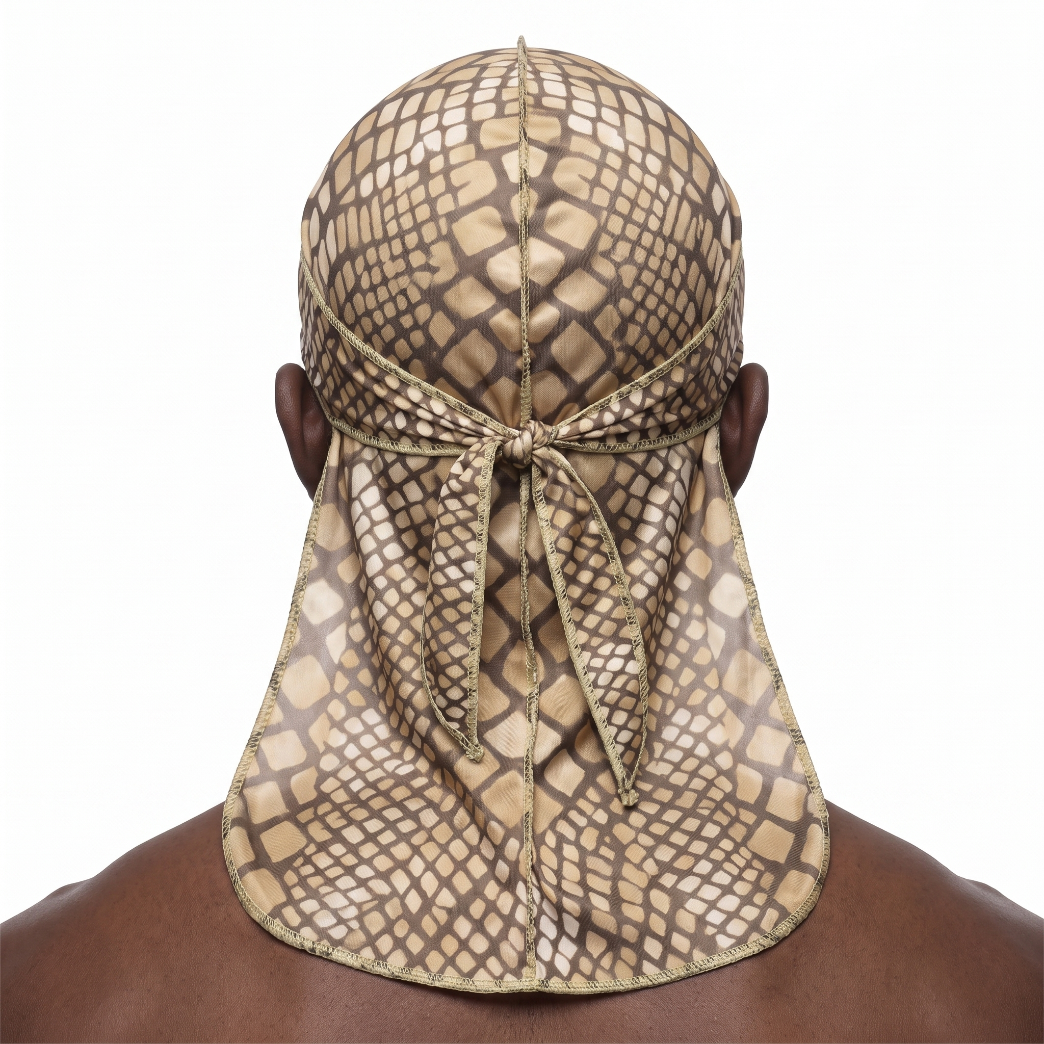 Tan reptile snakeskin Satin Silky Durag worn by male model, back view showing tied wrap and tail