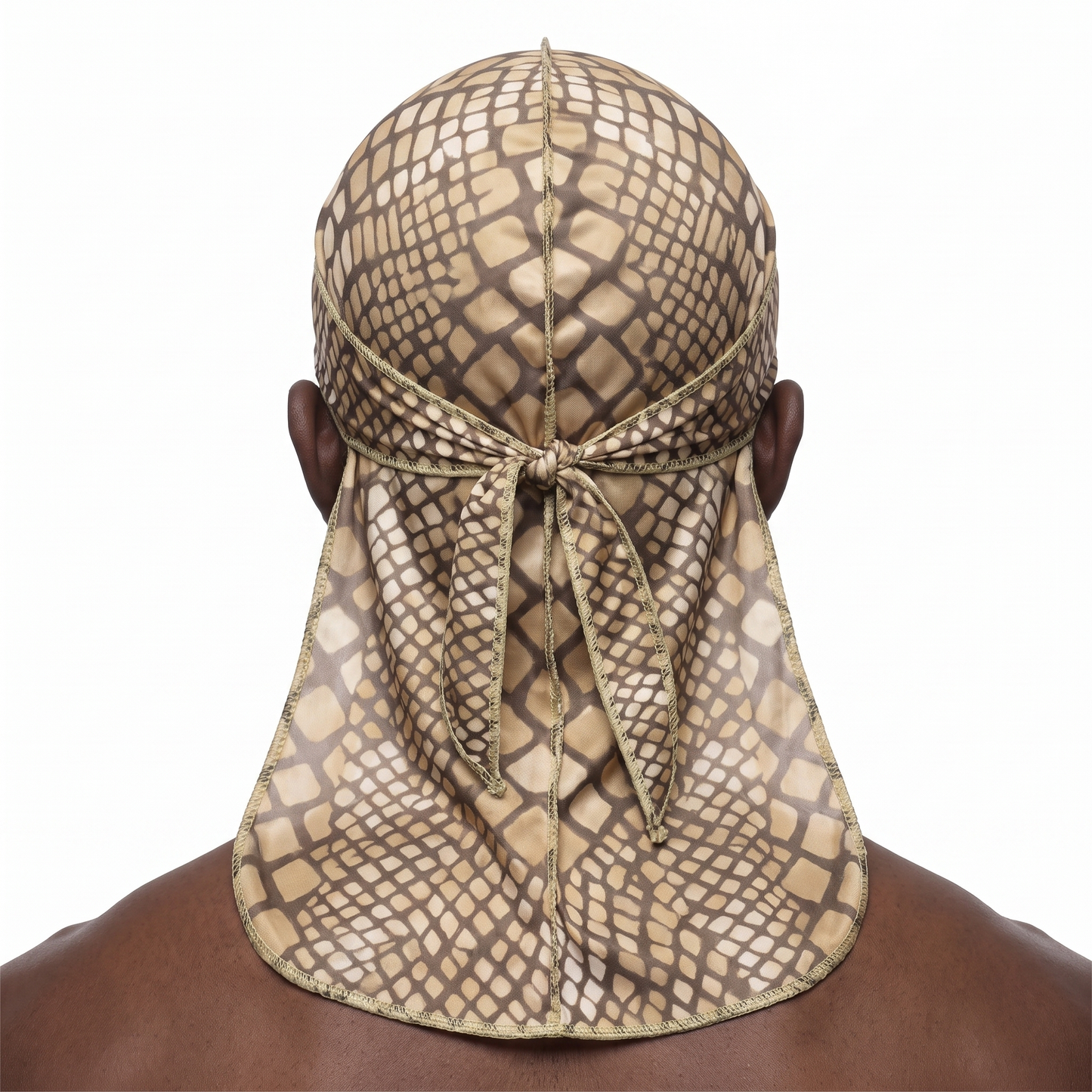 Tan reptile snakeskin Satin Silky Durag worn by male model, back view showing tied wrap and tail