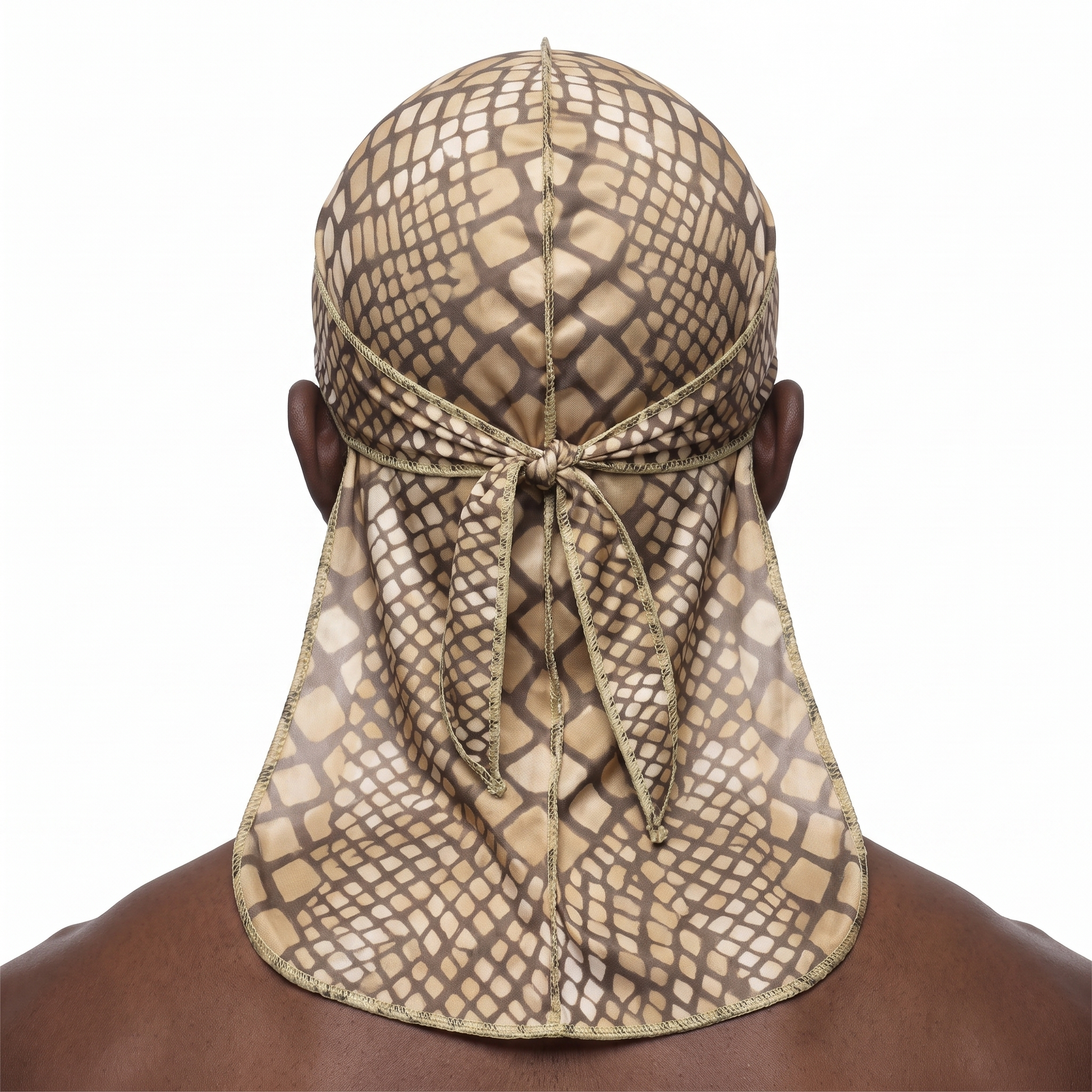 Tan reptile snakeskin Satin Silky Durag worn by male model, back view showing tied wrap and tail
