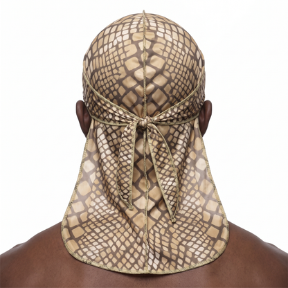 Tan reptile snakeskin Satin Silky Durag worn by male model, back view showing tied wrap and tail