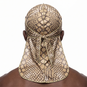 Tan reptile snakeskin Satin Silky Durag worn by male model, back view showing tied wrap and tail