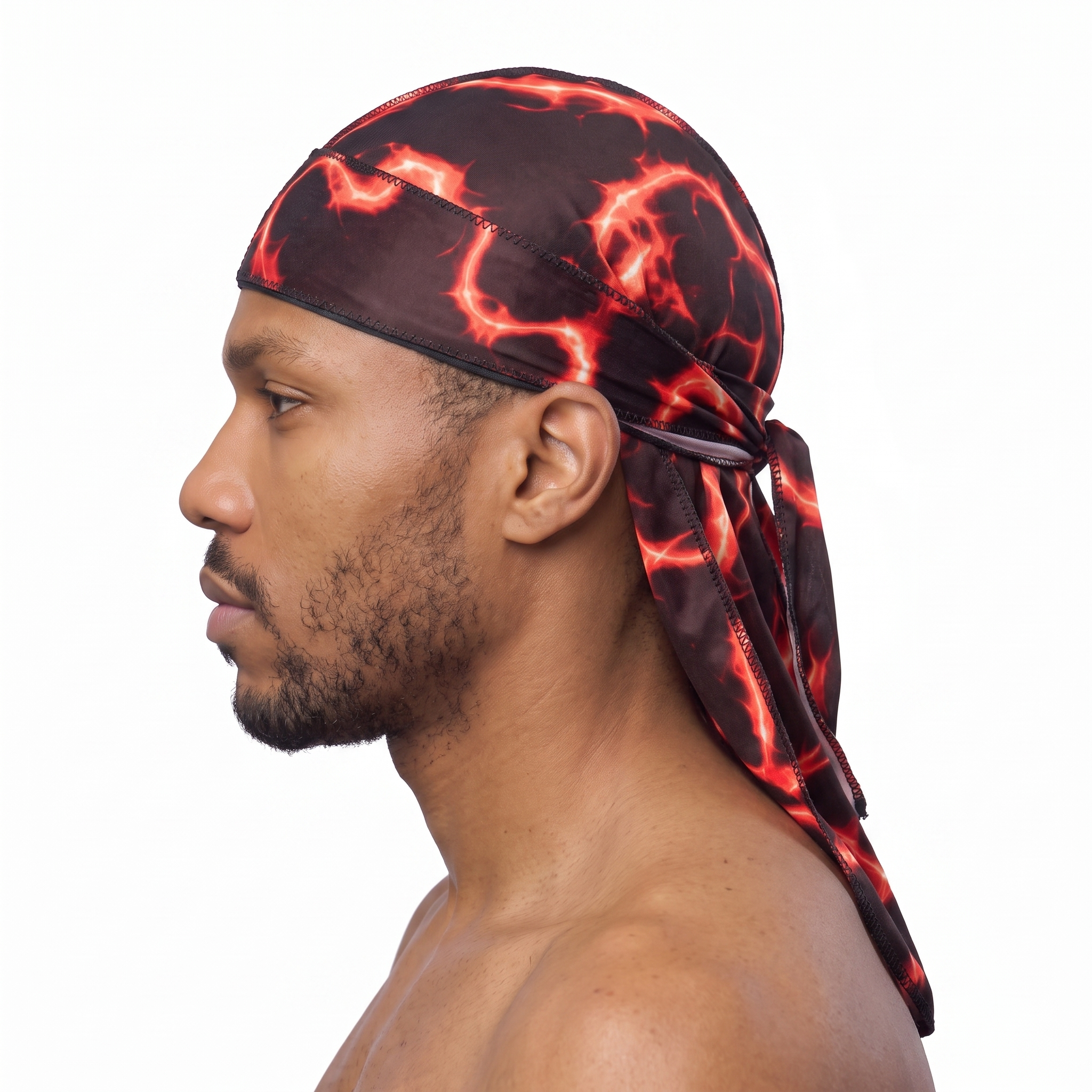 Voltage Red lightning Satin Silky Durag worn by male model, side profile showing fit and tail drape