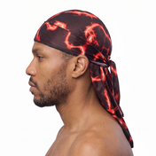 Voltage Red lightning Satin Silky Durag worn by male model, side profile showing fit and tail drape