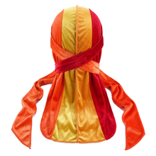Premium Orange,Yellow & Red Split Velvet Durag - premium velvet durag back view showing wrap straps, tail and stitching