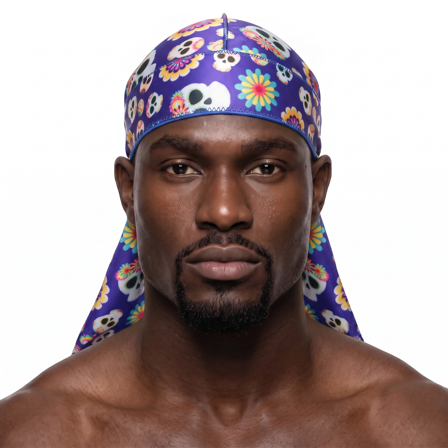 Cinco De Mayo Purple festive Satin Silky Durag worn by male model, front view on white background