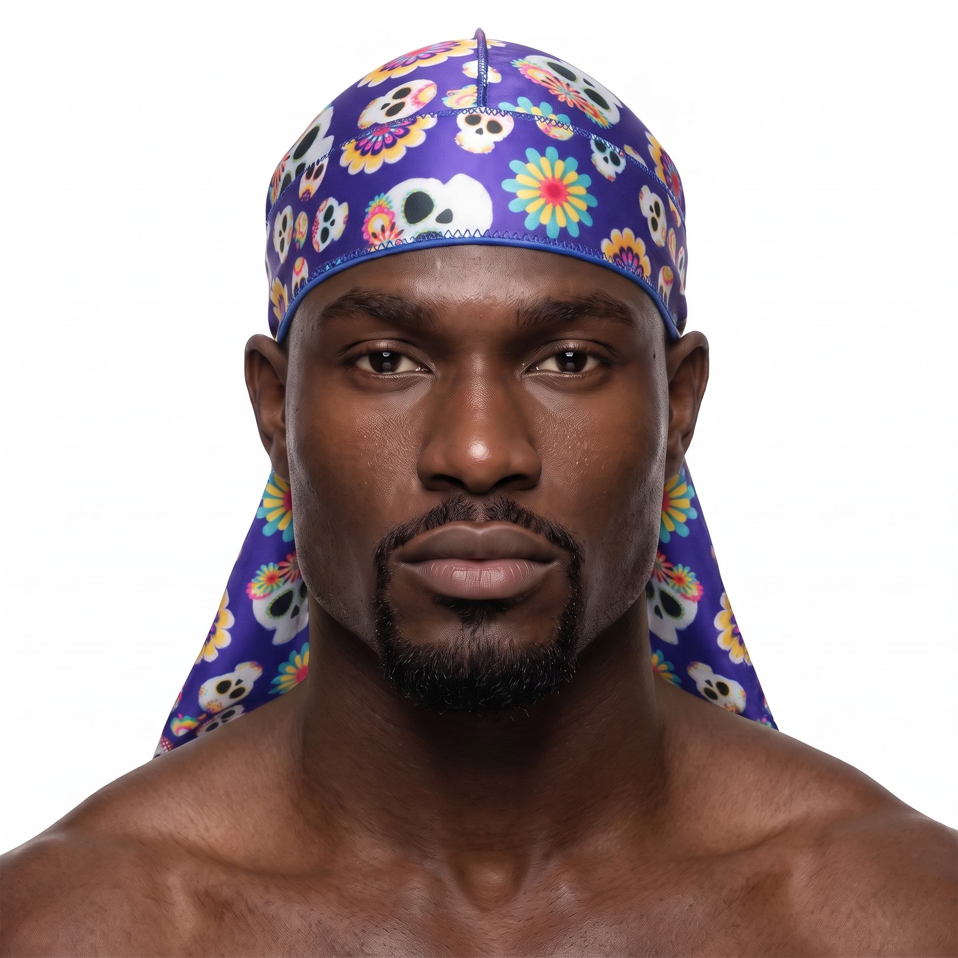 Cinco De Mayo Purple festive Satin Silky Durag worn by male model, front view on white background