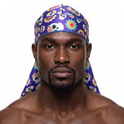 Cinco De Mayo Purple festive Satin Silky Durag worn by male model, front view on white background