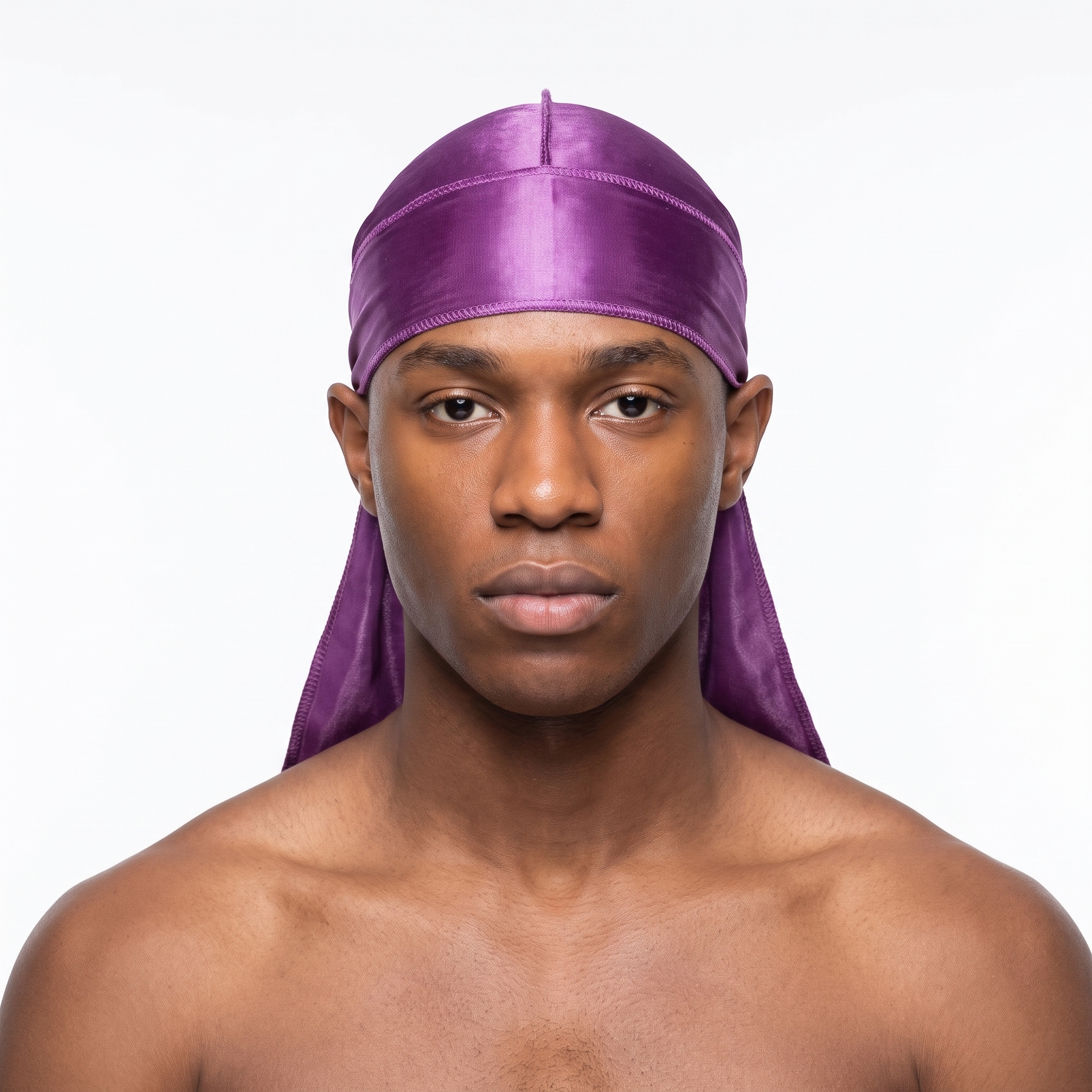 Premium Silk Durag Passion Purple worn by male model, front view on white background
