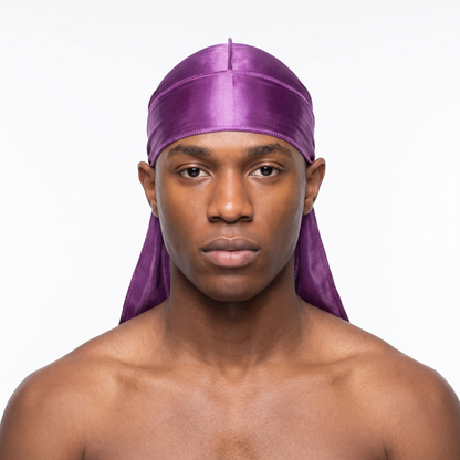 Premium Silk Durag Passion Purple worn by male model, front view on white background