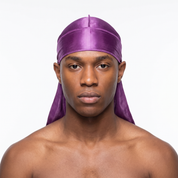 Premium Silk Durag Passion Purple worn by male model, front view on white background
