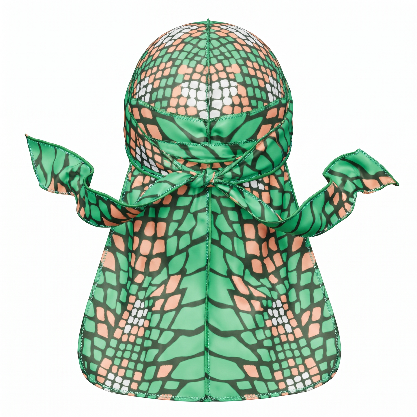 Green and Orange Famu reptile snakeskin Satin Silky Durag - premium silky durag back view showing wrap straps, tail and stitching