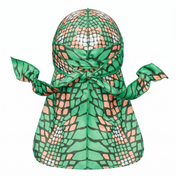 Green and Orange Famu reptile snakeskin Satin Silky Durag - premium silky durag back view showing wrap straps, tail and stitching
