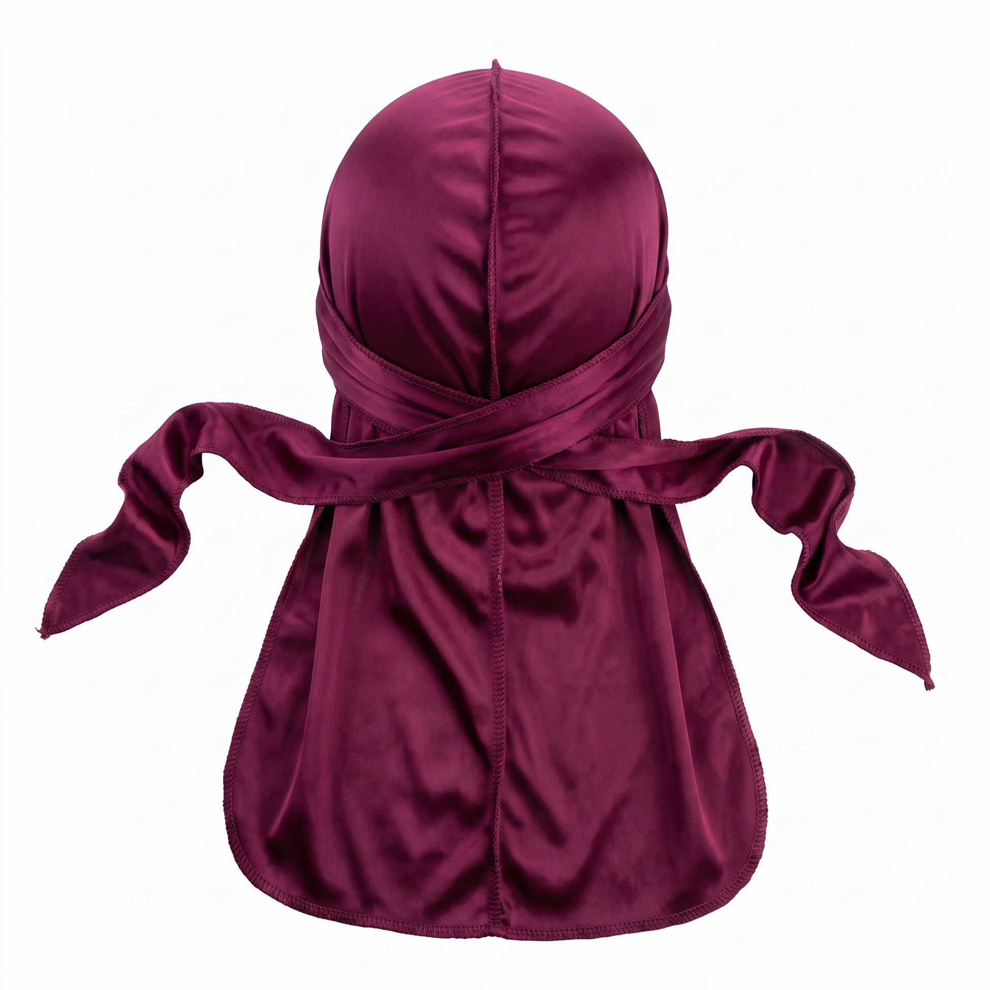 Premium Black Cherry Silk Durag - premium heavy silky durag back view showing wrap straps, tail and stitching