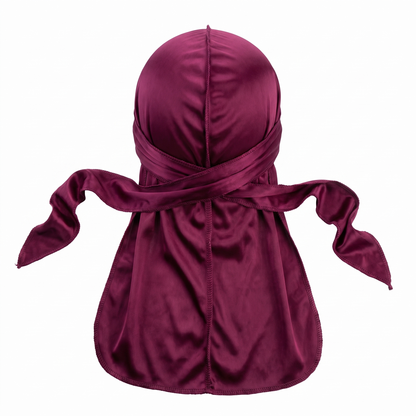 Premium Black Cherry Silk Durag - premium heavy silky durag back view showing wrap straps, tail and stitching