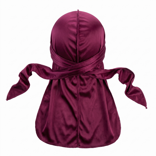 Premium Black Cherry Silk Durag - premium heavy silky durag back view showing wrap straps, tail and stitching